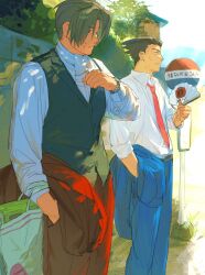 Rule 34 | 2boys, ace attorney, ascot, bag, black hair, blue jacket, blue pants, closed mouth, collared shirt, day, grey hair, hand fan, hand in pocket, highres, holding, holding clothes, holding jacket, jacket, kalappo empty, long sleeves, male focus, miles edgeworth, multiple boys, necktie, outdoors, pants, phoenix wright, red jacket, red necktie, red pants, shirt, sign, spiked hair, standing, sweat, unworn jacket, vest, white shirt