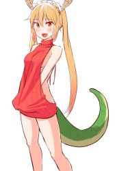 Rule 34 | 10s, 1girl, :d, aran sweater, backless outfit, blonde hair, blush, breasts, cable knit, dragon girl, dragon tail, el dockie, fang, female focus, horns, kobayashi-san chi no maidragon, large tail, long hair, looking at viewer, maid headdress, meme attire, naked sweater, open mouth, red eyes, red sweater, ribbed sweater, sideboob, slit pupils, smile, solo, sweater, tail, tohru (maidragon), turtleneck, turtleneck sweater, twintails, v arms, virgin killer sweater, white background