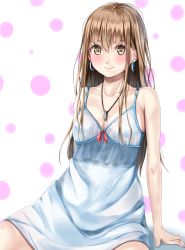 Rule 34 | 1girl, alternate costume, amagami rukichi, arm support, bad id, bad pixiv id, bare arms, bare shoulders, blush, breasts, brown eyes, brown hair, chemise, collarbone, commentary request, earrings, frills, hair between eyes, hoop earrings, jewelry, long hair, looking at viewer, medium breasts, necklace, original, pink lips, see-through, sera (amagami rukichi), sitting, sleeveless, smile, solo, spaghetti strap