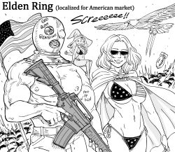 Rule 34 | &#039;murica, 1boy, 2girls, absurdres, american flag, american flag bikini, american flag print, anachronism, assault rifle, bald eagle, bb (baalbuddy), bikini, bird, bomb, breasts, cape, cleavage, doll joints, eagle, elden ring, english text, explosive, extra faces, facing viewer, flag print, grin, gun, hat, helmet, highleg, highleg bikini, highres, holding, holding gun, holding weapon, hood, hood down, hooded cape, joints, large breasts, m16, m16a1, melina (elden ring), mini person, miniature ranni, minigirl, multiple girls, navel, one eye covered, pants, print bikini, prisoner (elden ring), ranni the witch, rifle, side-tie bikini bottom, smile, standing, stomach, sunglasses, swimsuit, tarnished (elden ring), topless male, trigger discipline, underboob, weapon, witch hat