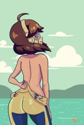 Rule 34 | 1girl, ahoge, arms (game), ass, bodysuit, brown hair, from behind, goggles, highres, mechanica (arms), nintendo, pink eyes, smile, solo, sweat, undressing
