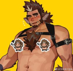 Rule 34 | 1boy, abs, animal ears, arm belt, bara, beard, blush, brown hair, censored, censored nipples, character censor, chest belt, chibi, chibi inset, cow ears, dark-skinned male, dark skin, facial hair, forked eyebrows, gh himainu, large pectorals, long hair, long sideburns, looking at viewer, male focus, mature male, multicolored hair, muscular, muscular male, navel, navel hair, nipples, novelty censor, one eye closed, original, pectorals, ponytail, sideburns, solo, stomach, streaked hair, sweatdrop, thick eyebrows, tusks, unfinished, upper body, yellow background