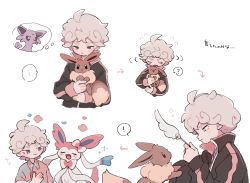 Rule 34 | ..., 1boy, ?, ahoge, arrow (symbol), bede (pokemon), cat teaser, closed mouth, collared shirt, commentary request, creatures (company), curly hair, eevee, espeon, game freak, gen 1 pokemon, gen 2 pokemon, gen 6 pokemon, grey hair, hand up, highres, holding, holding pokemon, jacket, long sleeves, male focus, nintendo, nodori710, pokemon, pokemon (creature), pokemon swsh, purple eyes, shirt, short hair, smile, spoken ellipsis, spoken question mark, sylveon, thought bubble, undershirt