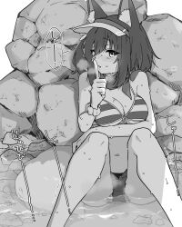 Rule 34 | 1girl, animal ear fluff, animal ears, bandana, bare shoulders, bikini, bikini under clothes, blue archive, blush, breasts, breath, cleavage, dog ears, dog girl, female focus, finger to mouth, front-tie bikini top, front-tie top, greyscale, highres, index finger raised, izuna (blue archive), izuna (swimsuit) (blue archive), japanese text, knees up, looking at viewer, medium breasts, medium hair, micro shorts, monochrome, navel, nose blush, nuruko (nuru55555), open fly, open mouth, outdoors, peeing, peeing self, rock, scrunchie, shallow water, shorts, shushing, sidelocks, sitting, solo, steam, sweat, swimsuit, translation request, trembling, visor cap, water, wrist scrunchie