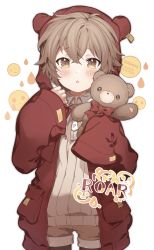 Rule 34 | 1boy, absurdres, animal ears, bear boy, bear ears, blush, brown eyes, brown hair, highres, looking at viewer, male focus, hugging object, original, p (pixiv65832344), sleeves past wrists, solo, stuffed animal, stuffed toy, tearing up, teddy bear, white background