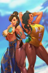 Rule 34 | 2girls, alternate costume, alternate hair length, alternate hairstyle, arms up, ass-to-ass, bangle, basketball jersey, basketball uniform, bikini, bikini top only, bikini under clothes, black hair, blue skirt, bracelet, breasts, brown eyes, brown hair, capcom, chun-li, clenched hands, commentary, cornrows, dark-skinned female, dark skin, earrings, english commentary, eyeliner, fighting stance, hair ornament, hair over one eye, hair over shoulder, hair stick, hairband, half-closed eyes, highres, hoop earrings, huge breasts, jewelry, large breasts, laura matsuda, lips, lipstick, long hair, long skirt, looking at viewer, makeup, multiple girls, nose, official alternate costume, robaato, sarong, side-by-side, side-tie bikini bottom, side slit, sideboob, skirt, smile, sportswear, street fighter, street fighter v, swimsuit, swimsuit under clothes, textless version, thick thighs, thighs
