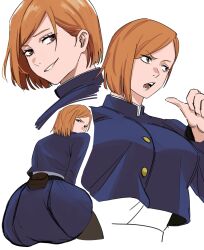 Rule 34 | 1girl, absurdres, ass, black pantyhose, blue jacket, blue skirt, breasts, brown eyes, brown hair, buttons, cropped legs, cropped torso, from behind, hair behind ear, highres, huge ass, jacket, jujutsu kaisen, jujutsu tech uniform, kugisaki nobara, large breasts, looking at viewer, looking back, mugi (mugit49), multiple views, open mouth, pantyhose, parted lips, pointing, pointing at self, short hair, sitting, skirt, smile, smug, swept bangs, upper body, white background