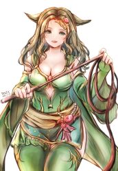 Rule 34 | 1girl, breasts, cape, cleavage, cosplay, dated, detached sleeves, final fantasy, final fantasy iv, final fantasy xiv, green eyes, green hair, hair ornament, highres, large breasts, long hair, looking at viewer, miqo&#039;te, open mouth, polly (cott), rydia (ff4), simple background, smile, solo, thighhighs, white background