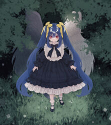 Rule 34 | 1girl, 2tsubu, aged down, angel wings, asymmetrical wings, black bow, black dress, blue hair, bow, child, collar, dizzy (guilty gear), dress, feathered wings, frilled collar, frilled dress, frilled skirt, frills, full body, grass, guilty gear, hair bow, highres, long hair, looking at viewer, monster girl, nature, puffy short sleeves, puffy sleeves, red eyes, ribbon, short sleeves, sidelocks, skirt, solo, tail, tail ornament, tail ribbon, twintails, wings, yellow bow