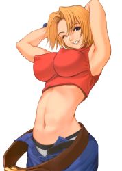 Rule 34 | 1girl, armpits, arms behind head, blonde hair, blue eyes, blue mary, breasts, covered erect nipples, fatal fury, garter belt, grey panties, grin, highres, large breasts, midriff, navel, one eye closed, panties, pants, saigado, short hair, smile, snk, solo, the king of fighters, thighs, third-party edit, underwear, unzipped, wink