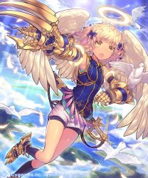 Rule 34 | 10s, 1girl, :o, angel, angel wings, ariel (shingeki no bahamut), bike shorts, bird, blonde hair, bow, breasts, detached sleeves, dove, eyebrows, feathered wings, feathers, female focus, flying, gauntlets, hair bow, halo, kanjy00u, open mouth, sheath, sheathed, shingeki no bahamut, short hair, sky, small breasts, socks, solo, sword, weapon, wings, yellow eyes
