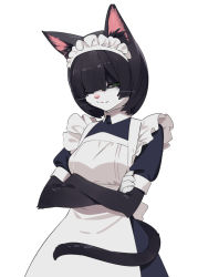 Rule 34 | 1girl, :3, animal ear fluff, animal ears, apron, black hair, bob cut, body fur, cat ears, cat tail, crossed arms, dress, female focus, furry, furry female, hair over eyes, kamo kamen, looking at viewer, maid, maid apron, maid headdress, original, simple background, solo, tail, whiskers, white background