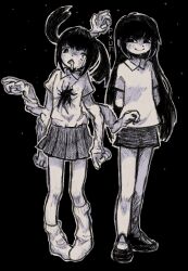Rule 34 | 2girls, :&lt;, absurdres, arms at sides, arms behind back, black background, black eyes, black hair, black skirt, blush, closed mouth, collared shirt, dot nose, dripping eye, extra arms, full body, hand up, hands up, highres, hole in chest, hole on body, knees together feet apart, long hair, looking to the side, mary janes, medium bangs, medium hair, miniskirt, monochrome, monoe, monoko, multiple girls, outline, pale skin, pigeon-toed, pleated skirt, pxunii, shaded face, shirt, shirt tucked in, shoes, short sleeves, sidelocks, simple background, single empty eye, skirt, smile, smug, socks, standing, triangle mouth, twintails, very long hair, white outline, white shirt, white socks, yume nikki