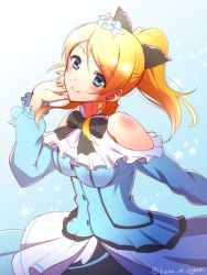 Rule 34 | 10s, 1girl, ayase eli, black bow, blonde hair, blue eyes, bow, bowtie, earrings, eyebrows, hair ornament, jewelry, kira-kira sensation!, long hair, looking at viewer, love live!, love live! school idol project, ookami maito, ponytail, signature, smile, solo