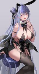 Rule 34 | 1girl, absurdres, animal ears, arm belt, bare shoulders, between breasts, black bow, black bowtie, black garter straps, black jacket, black leotard, black ribbon, black thighhighs, bow, bowtie, breasts, brown thighhighs, choyeon, cleavage, collar, cross-laced clothes, destiny child, detached collar, fake animal ears, feet out of frame, fur trim, garter straps, grey background, grey hair, hair bun, hair ribbon, highleg, highleg leotard, highres, jacket, large breasts, leotard, long hair, looking at viewer, off shoulder, purple eyes, revealing clothes, ribbon, simple background, single hair bun, solo, theophano (destiny child), thighhighs, thighs, very long hair, white collar