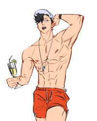 1boy abs arm_up baseball_cap black_hair commentary cowboy_shot cup drawstring drink drinking_straw food fruit haikyuu!! hair_over_one_eye hand_up hashtag-only_commentary hat highres holding holding_cup holding_drink kuroo_tetsurou lemon lemon_slice looking_to_the_side male_focus nipples one_eye_covered open_mouth pectorals red_shorts shorts simple_background solo spiked_hair tinh_daubuoi toned toned_male tongue topless_male whistle whistle_around_neck white_background white_hat