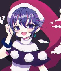 Rule 34 | 1girl, black background, black capelet, blue eyes, blue hair, blush, capelet, doremy sweet, dress, earrings, fang, hair between eyes, hat, highres, jewelry, looking at viewer, nightcap, one-hour drawing challenge, open mouth, pom pom (clothes), red hat, renakobonb, short hair, simple background, smile, solo, touhou, twitter username, upper body, white dress