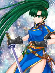 Rule 34 | 1girl, 74, china dress, chinese clothes, dress, earrings, fingerless gloves, fire emblem, fire emblem: the blazing blade, gloves, green eyes, green hair, holding, holding sword, holding weapon, jewelry, long hair, lyn (fire emblem), matching hair/eyes, nintendo, ponytail, serious, side slit, solo, sword, very long hair, weapon