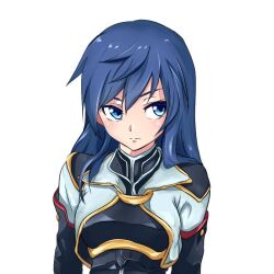 Rule 34 | 1girl, blue eyes, blue hair, breasts, closed mouth, commentary request, diesirea, long hair, maria traydor, medium breasts, simple background, solo, star ocean, star ocean till the end of time, white background