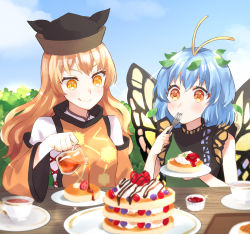 Rule 34 | 2girls, antennae, aqua hair, black headwear, black tea, blonde hair, blush, butterfly wings, closed mouth, commission, constellation print, cup, day, dress, eternity larva, fairy, food, fork, green dress, hair between eyes, hat, highres, holding, holding fork, holding plate, insect wings, leaf, leaf on head, long hair, matara okina, multicolored clothes, multicolored dress, multiple girls, orange eyes, orange sleeves, pancake, plate, short hair, short sleeves, skeb commission, smile, tabard, tea, tongue, tongue out, touhou, wanmofu, wings, yellow eyes