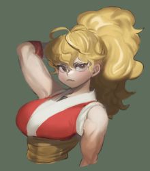 Rule 34 | 1girl, armpits, bare shoulders, blonde hair, breasts, brown eyes, capcom, capcom vs snk, capcom vs snk 2, closed mouth, dancho no mori, fang, fighting game, final fight, final fight 2, gauntlets, genryuusai maki, gloves, green background, high ponytail, image sample, japanese clothes, kimono, large breasts, long hair, looking at viewer, muscular, muscular female, ponytail, red gloves, red kimono, sash, simple background, sleeveless, sleeveless kimono, solo, street fighter, street fighter zero (series), tomboy, twitter sample, upper body, wavy hair, yellow sash