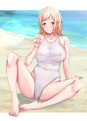 Rule 34 | 1girl, absurdres, aga marino, barefoot, breasts, brown eyes, commentary request, competition swimsuit, covered navel, highres, idolmaster, idolmaster shiny colors, lens flare, medium breasts, nipples, ocean, one-piece swimsuit, orange hair, sakuragi mano, see-through, short hair, sitting, solo, spread legs, swimsuit, white one-piece swimsuit