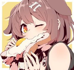 Rule 34 | 1girl, animal ears, bacon, black shirt, bone hair ornament, bread slice, brown eyes, brown hair, choker, commentary request, dog ears, eating, extra ears, food, food in mouth, fried egg, hair ornament, hands up, hashiguma, hololive, inugami korone, inugami korone (loungewear), looking at viewer, o-ring, o-ring choker, one eye closed, shirt, short eyebrows, simple background, solo, toast, virtual youtuber