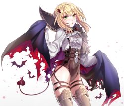 Rule 34 | 1girl, :o, bad id, bad pixiv id, bat (animal), blonde hair, blouse, blush, boba, braid, brown thighhighs, cloak, contrapposto, cowboy shot, crown braid, demon tail, fur trim, girls&#039; frontline, halloween, halloween costume, hands up, long sleeves, looking at viewer, shirt, shorts, sidelocks, simple background, solo, standing, tail, thighhighs, torn clothes, tsurime, welrod mkii (girls&#039; frontline), white background, white shirt