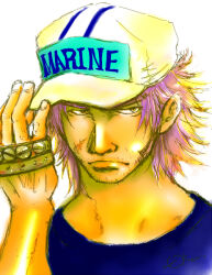 Rule 34 | 1boy, brass knuckles, closed mouth, english text, facial scar, fullbody (one piece), hat, male focus, one piece, pink hair, scar, scar on cheek, scar on face, short hair, solo, universalgravitation, weapon