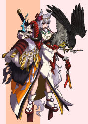 Rule 34 | 1girl, alternate costume, animal ears, armor, arrow (projectile), bird, cape, chinese zodiac, commentary request, eagle, full body, fur cape, geta, gold, hair between eyes, highres, hitodama, holding, holding sword, holding weapon, inubashiri momiji, japanese armor, japanese clothes, jewelry, kimono, kote, looking at viewer, magatama, magatama necklace, mask, muneate, necklace, netherred, open mouth, pom pom (clothes), red eyes, red footwear, short hair, socks, solo, standing, sword, tabi, tail, talisman, tengu-geta, touhou, weapon, white hair, white kimono, white socks, wolf ears, wolf girl, wolf tail, year of the ox