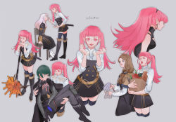 Rule 34 | 1boy, 3girls, armor, axe, bag, belt, black dress, blonde hair, blue eyes, bow, bread, breasts, brown belt, byleth (fire emblem), byleth (male) (fire emblem), carrot, carrying, carrying under arm, chair, closed eyes, cloth, dagger, dress, earrings, fire emblem, fire emblem: three houses, food, freikugal (weapon), full body, garreg mach monastery uniform, green hair, groceries, grocery bag, hair bow, hands up, heroes relic (fire emblem), hilda valentine goneril, holster, jewelry, knife, large breasts, leather belt, lnestart, long hair, long sleeves, looking at viewer, low ponytail, lysithea von ordelia, makeup, makeup brush, matching hair/eyes, mercedes von martritz, multiple girls, nintendo, open mouth, pink eyes, pink hair, princess carry, sheath, sheathed, shirt, shirt under dress, shopping bag, sidelocks, simple background, sitting, smile, sword, twintails, uniform, upper body, weapon, white shirt