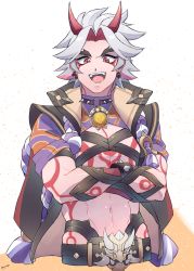 Rule 34 | 1boy, arataki itto, belt, bodypaint, collar, cropped legs, crossed arms, ear piercing, facepaint, fangs, genshin impact, grey hair, highres, homare (g hmr88), horns, jewelry, long hair, looking at viewer, male focus, multicolored hair, open mouth, pectoral cleavage, pectorals, piercing, red hair, simple background, solo, spiked collar, spikes, thick eyebrows, toned, toned male, vision (genshin impact)
