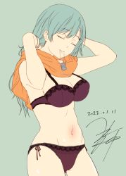 Rule 34 | 1girl, aqua background, aqua hair, arms up, bare arms, bare shoulders, bra, closed eyes, closed mouth, commentary request, cowboy shot, dated, dog tags, gluteal fold, hair ornament, hairclip, highres, kantai collection, lace, lace-trimmed bra, lace-trimmed panties, lace trim, lipstick, makeup, mouth hold, navel, orange scarf, panties, purple bra, purple panties, scarf, signature, simple background, smile, solo, stomach, suzuya (kancolle), underwear, underwear only, yua (checkmate)