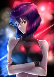 Rule 34 | 1girl, bare arms, black gloves, collarbone, crop top, fingerless gloves, ghost in the shell, gloves, hair between eyes, highres, kaijin-m, kusanagi motoko, looking at viewer, midriff, parted lips, purple hair, red eyes, short hair, solo, stomach, straight hair, upper body