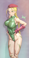 Rule 34 | 1girl, abs, bare legs, beret, blonde hair, blue background, blush, bodypaint, braid, braided ponytail, breasts, cammy white, capcom, commentary, covered erect nipples, elbow gloves, eyelashes, facial scar, feet out of frame, fingerless gloves, forehead, fujii eishun, gloves, gradient background, green eyes, green leotard, groin, hair pulled back, hat, highleg, highleg leotard, highres, large breasts, legs together, leotard, lips, long hair, looking at viewer, notice lines, parted lips, purple background, red gloves, red hat, scar, scar on cheek, scar on face, shadow, simple background, skin tight, sleeveless, solo, standing, street fighter, thighs, toned, two-tone background