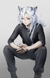 Rule 34 | 1girl, absurdres, alternate costume, animal ears, arknights, bilibilida, black footwear, black pants, black shirt, blouse, boots, braid, feet out of frame, gradient background, grey background, grey hair, highres, indra (arknights), interlocked fingers, long hair, looking at viewer, multicolored hair, pants, parted lips, scar, scar on face, scar on nose, shirt, simple background, sitting, sleeves past elbows, solo, streaked hair, tiger ears, yellow eyes
