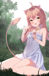 Rule 34 | 1girl, ahoge, animal ears, bare arms, bare shoulders, blush, brown tail, bush, collarbone, commentary, crossed bangs, daisy, day, dress, fang, feet out of frame, flower, grass, green background, hair between eyes, hair intakes, hands up, highres, holding, holding flower, indie virtual youtuber, kawaiipony2, legs, lion ears, lion tail, long hair, looking at viewer, on ground, open hand, open mouth, outdoors, pink ribbon, ribbon, rurudo lion, rurudo lion (1st costume), sitting, sky, solo, sundress, tail, tail raised, thighs, two-tone background, virtual youtuber, white background, white dress, white flower, white sky, yellow eyes
