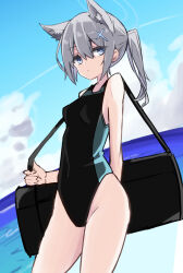 Rule 34 | 1girl, animal ear fluff, animal ears, bag, black one-piece swimsuit, blue archive, blue eyes, blue sky, breasts, cloud, competition swimsuit, cross hair ornament, duffel bag, extra ears, grey hair, hair ornament, highleg, highleg swimsuit, holding, holding bag, looking at viewer, low ponytail, medium breasts, mismatched pupils, multicolored clothes, multicolored swimsuit, ocean, official alternate costume, one-piece swimsuit, outdoors, shiroko (blue archive), shiroko (swimsuit) (blue archive), sky, solo, standing, swimsuit, touko (toko12 tooko), two-tone swimsuit, wolf ears