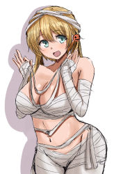 Rule 34 | 1girl, absurdres, bandages, bare shoulders, blonde hair, blue eyes, blush, breasts, chan (akuty ikkot), cleavage, food-themed hair ornament, food themed hair ornament, hair ornament, halloween, halloween costume, highres, kantai collection, large breasts, long hair, looking at viewer, navel, open mouth, prinz eugen (kancolle), pumpkin hair ornament, twintails, white background
