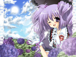 Rule 34 | 1girl, blue sky, blurry, blush, border, bow, bracelet, cloud, day, depth of field, drill hair, flower, gloves, hair ornament, hydrangea, jewelry, lace, lace border, one eye closed, open mouth, original, ornate border, puffy sleeves, purple eyes, purple hair, short hair, short sleeves, sky, solo, sun, suzushiro atsushi, twin drills, twintails, umbrella, upper body, white gloves, wink