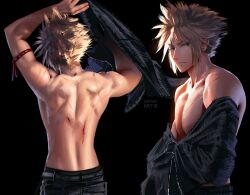 Rule 34 | 1boy, absurdres, arm ribbon, arms up, bare shoulders, black background, black pants, black shirt, blonde hair, blood on back, blue eyes, closed mouth, cloud strife, collarbone, commentary, earrings, final fantasy, final fantasy vii, final fantasy vii advent children, from behind, highres, injury, jewelry, looking at viewer, looking to the side, male focus, multiple views, pants, red ribbon, ribbed shirt, ribbon, safaia, scar, scar on back, scar on chest, scar on shoulders, serious, shirt, short hair, single earring, spiked hair, stud earrings, symbol-only commentary, toned, toned male, topless male, undressing, upper body