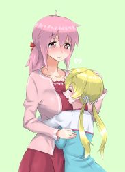 Rule 34 | 10s, 2girls, aged up, ahoge, alternate breast size, blonde hair, blush, breast press, breasts, cardigan, closed eyes, dress, drill hair, hair ornament, hair ribbon, hairpin, hand on another&#039;s head, highres, hug, huge breasts, kaname madoka, long hair, mahou shoujo madoka magica, mahou shoujo madoka magica (anime), mizuumi (bb), multiple girls, open mouth, pink eyes, pink hair, ponytail, ribbon, short hair, short ponytail, smile, tomoe mami, twin drills, twintails