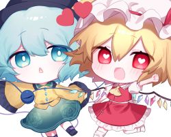 Rule 34 | 2girls, arm up, ascot, belt, black footwear, black headwear, blonde hair, blouse, blue belt, blue eyes, blue hair, blush, boots, buttons, chibi, collared shirt, commentary request, crystal, eyes visible through hair, flandre scarlet, floral print, flower, frills, green flower, green rose, green skirt, hair between eyes, hand up, hat, hat ribbon, heart, heart-shaped pupils, heart of string, highres, jewelry, komeiji koishi, leg up, long sleeves, looking at another, looking to the side, mob cap, multicolored wings, multiple girls, nemachi, no shoes, one side up, open mouth, puffy short sleeves, puffy sleeves, red eyes, red ribbon, red skirt, red vest, ribbon, rose, rose print, running, shirt, short hair, short sleeves, simple background, skirt, smile, socks, split mouth, standing, standing on one leg, symbol-shaped pupils, third eye, touhou, vest, white background, white headwear, white legwear, white shirt, wide sleeves, wings, yellow ascot, yellow ribbon, yellow shirt