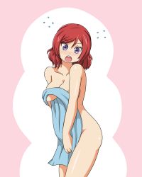Rule 34 | 10s, 1girl, blush, breasts, covering privates, embarrassed, flying sweatdrops, highres, holding, holding towel, looking at viewer, love live!, love live! school idol project, lunarisaileron, medium breasts, nishikino maki, nude, open mouth, purple eyes, red hair, short hair, solo, standing, towel, tsurime