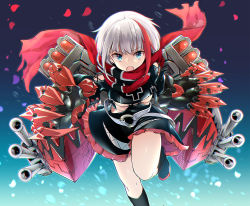 Rule 34 | 1girl, :o, admiral graf spee (azur lane), azur lane, black dress, black footwear, black socks, blue eyes, breasts, claws, commentary request, dress, highres, huge claws, kneehighs, leg up, looking at viewer, machinery, multicolored hair, open mouth, osisio, petals, red hair, red scarf, rigging, sanpaku, scarf, shoes, short hair, silver hair, small breasts, socks, solo, standing, standing on one leg, streaked hair, thighs, torpedo launcher, torpedo tubes, turret, underboob, v-shaped eyebrows