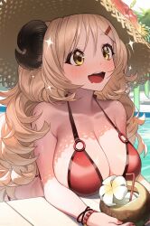 Rule 34 | 1girl, absurdres, bare arms, bare shoulders, bikini, black horns, blue archive, blush, breasts, brown eyes, cleavage, coconut cup, commentary, day, drinking straw, flower, hat, highres, horns, izumi (blue archive), izumi (swimsuit) (blue archive), large breasts, light brown hair, long hair, official alternate costume, open mouth, outdoors, pool, red bikini, sei!cho, smile, solo, straw hat, swimsuit, upper body, wavy hair, white flower