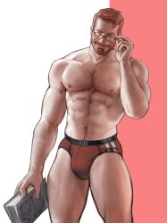 Rule 34 | 1boy, abs, adjusting eyewear, arm hair, bara, beard, book, briefs, brown hair, bulge, dopey (dopq), facial hair, glasses, highres, holding, holding book, large pectorals, looking at viewer, male focus, male underwear, muscular, muscular male, navel, navel hair, nipples, original, pectorals, red male underwear, short hair, simple background, smile, solo, thighs, underwear