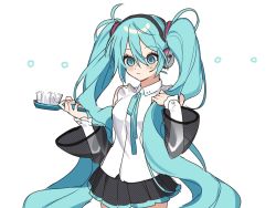 Rule 34 | ..., 1girl, :&lt;, bare shoulders, black skirt, blue eyes, blue hair, blue neckwear, blush, blush stickers, closed mouth, collared shirt, cowboy shot, curly hair, detached sleeves, dot nose, eyelashes, facing viewer, hair between eyes, hair brush, hands up, hatsune miku, hatsune miku (nt), headset, highres, holding, holding brush, holding own hair, long hair, looking down, mp (im kaito ice), piapro, pleated skirt, polka dot, polka dot skirt, see-through, see-through sleeves, shirt, sidelocks, simple background, skirt, sleeveless, sleeveless shirt, solo, standing, sweatdrop, tareme, thighs, twintails, very long hair, vocaloid, white background, white shirt, wide-eyed