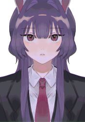 Rule 34 | 1girl, animal ears, black jacket, blazer, chromatic aberration, collared shirt, gotagotay, hair between eyes, hair intakes, jacket, lips, long hair, looking at viewer, necktie, parted lips, portrait, purple hair, rabbit ears, rabbit girl, red eyes, red necktie, reisen udongein inaba, shirt, sidelocks, simple background, solo, straight-on, suit jacket, symmetry, teeth, touhou, upper body, white background, white shirt, wing collar