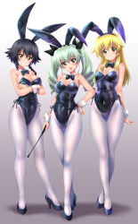 Rule 34 | 3girls, anchovy (girls und panzer), animal ears, bare shoulders, black bow, black footwear, black hair, black leotard, blonde hair, bow, braid, breasts, brown eyes, carpaccio (girls und panzer), cleavage, collar, crossed arms, curvy, detached collar, drill hair, fake animal ears, girls und panzer, gradient background, green eyes, green hair, grin, hand on own hip, high heels, highleg, highleg leotard, holding riding crop, kamogawa tanuki, large breasts, legs, leotard, long hair, looking at viewer, medium breasts, multiple girls, open mouth, paid reward available, pantyhose, pepperoni (girls und panzer), playboy bunny, purple background, rabbit ears, riding crop, shiny clothes, shiny skin, short hair, simple background, smile, teeth, twin drills, twintails, white background, white pantyhose, wide hips, wrist cuffs
